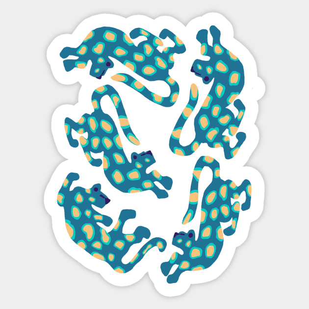 Colorful teal leopards jungle cats pattern Sticker by dumbbunnydesign